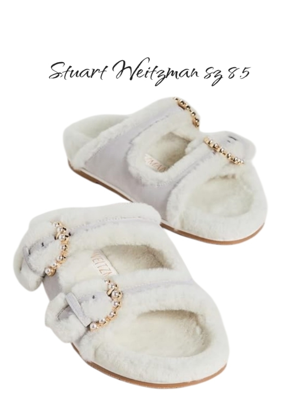 Stuart Weitzman Piper Chill Shearling Slide Sandals Pearl Buckle Perla 8.5